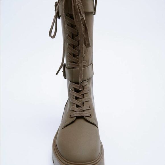 ZARA BLOGGER FAVORITE WAXED FINISH LACED BOOTS 10 army green combat viral TikTok - Picture 13 of 14